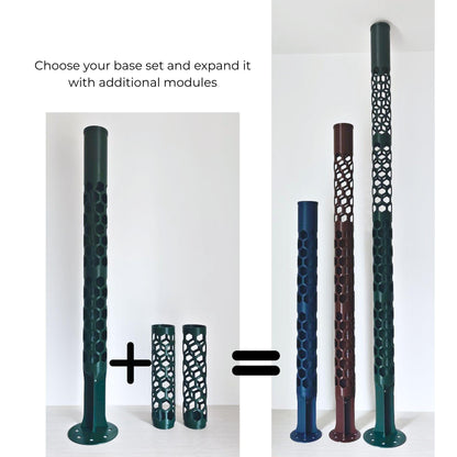 Modular moss pole showing how a base set can be extended vertically with additional open or half-closed pole segments.
