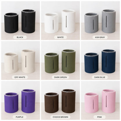 Color grid showing short and tall planters in black, white, ash gray, off-white, dark green, dark blue, purple, choco brown and pink.