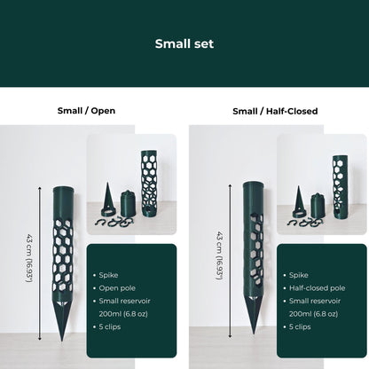 Small moss pole sets with open or half-closed pole sections, spike base, small watering reservoir and five plant clips.