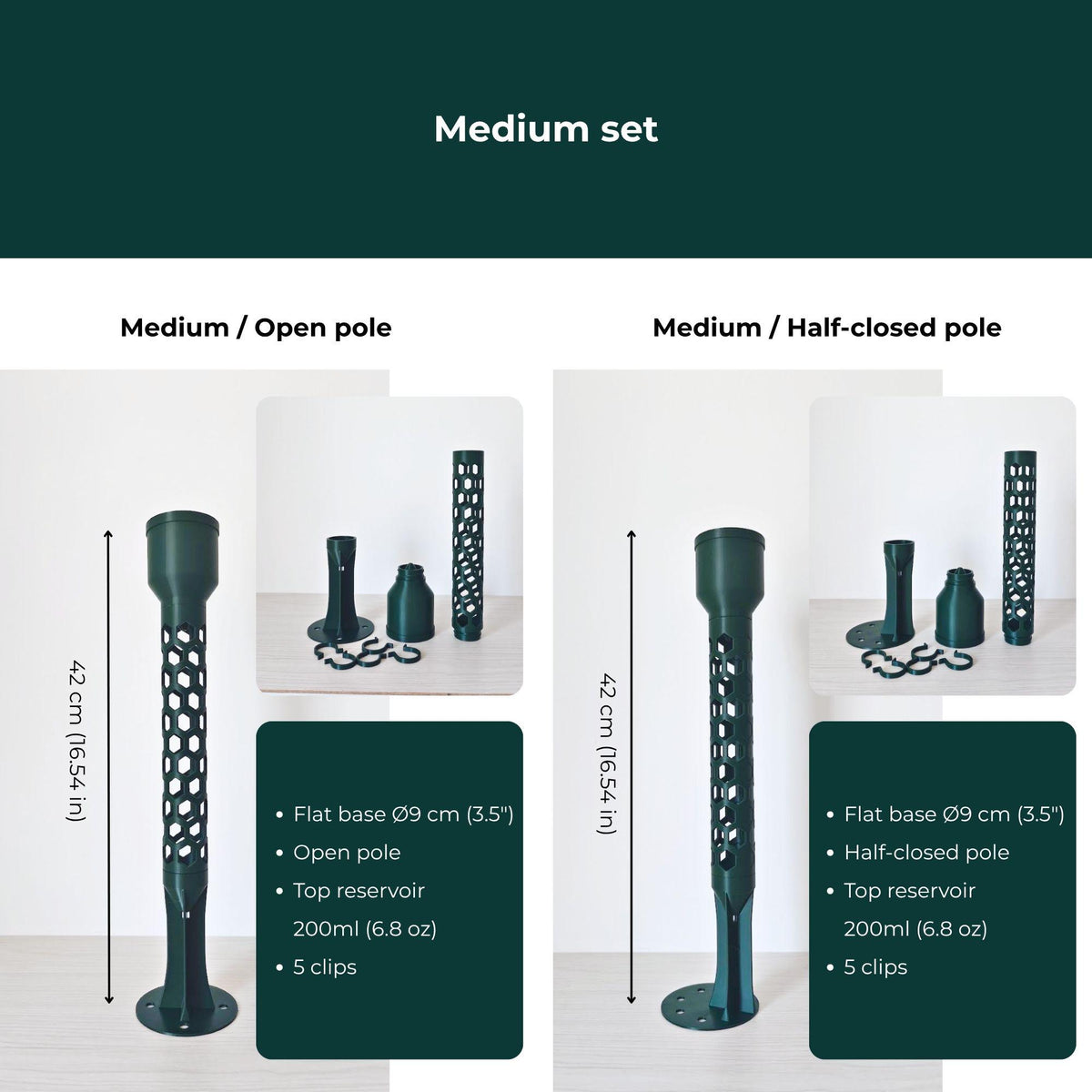 Medium moss pole sets with flat base, open or half-closed pole, watering reservoir and clips.