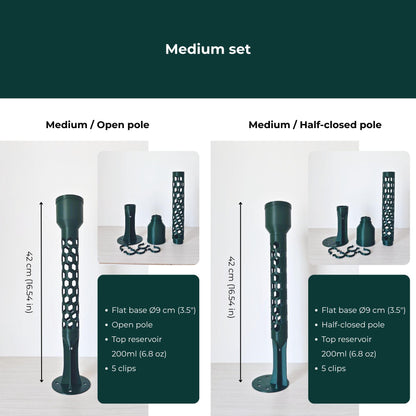 Medium moss pole sets with flat base, open or half-closed pole, watering reservoir and clips.