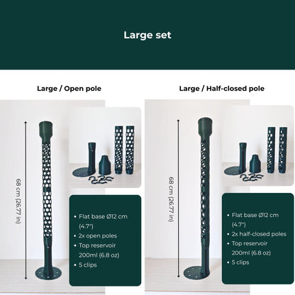 Large moss pole sets with flat base, two open or half-closed pole sections, reservoir and clips.