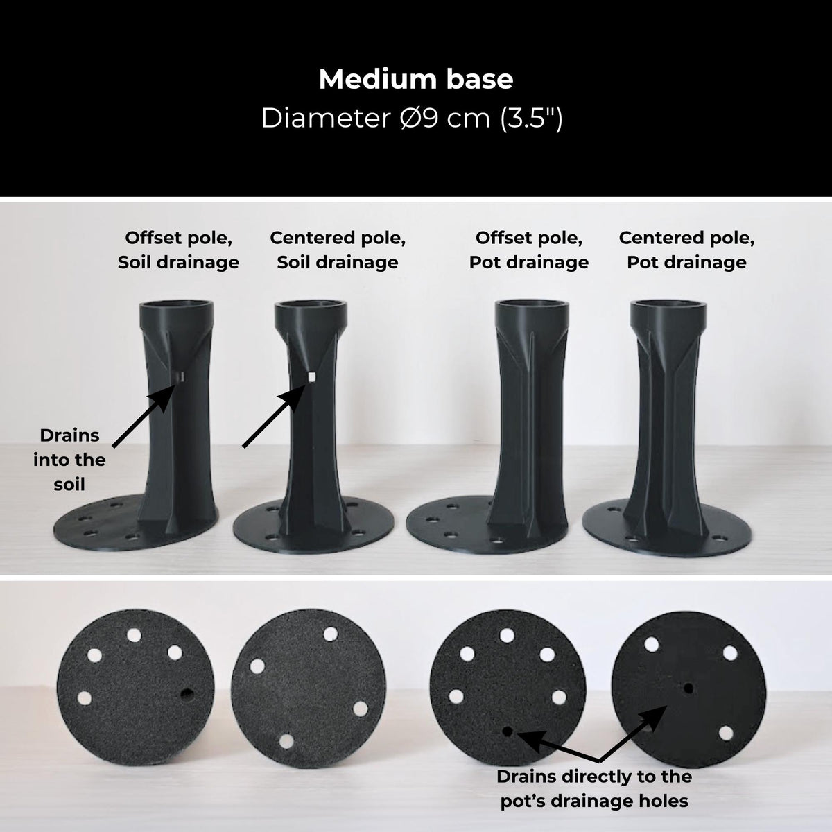 Medium flat base options with centered or offset pole and soil or bottom drainage.