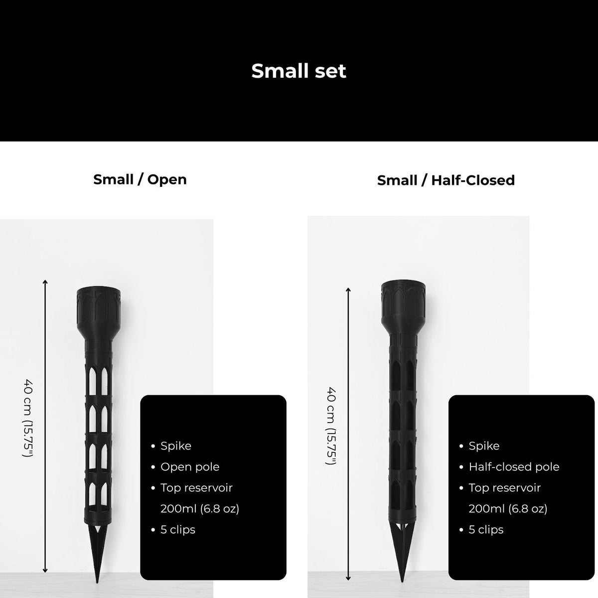 Small moss pole sets with stake base, open or half-closed pole, watering reservoir and clips.