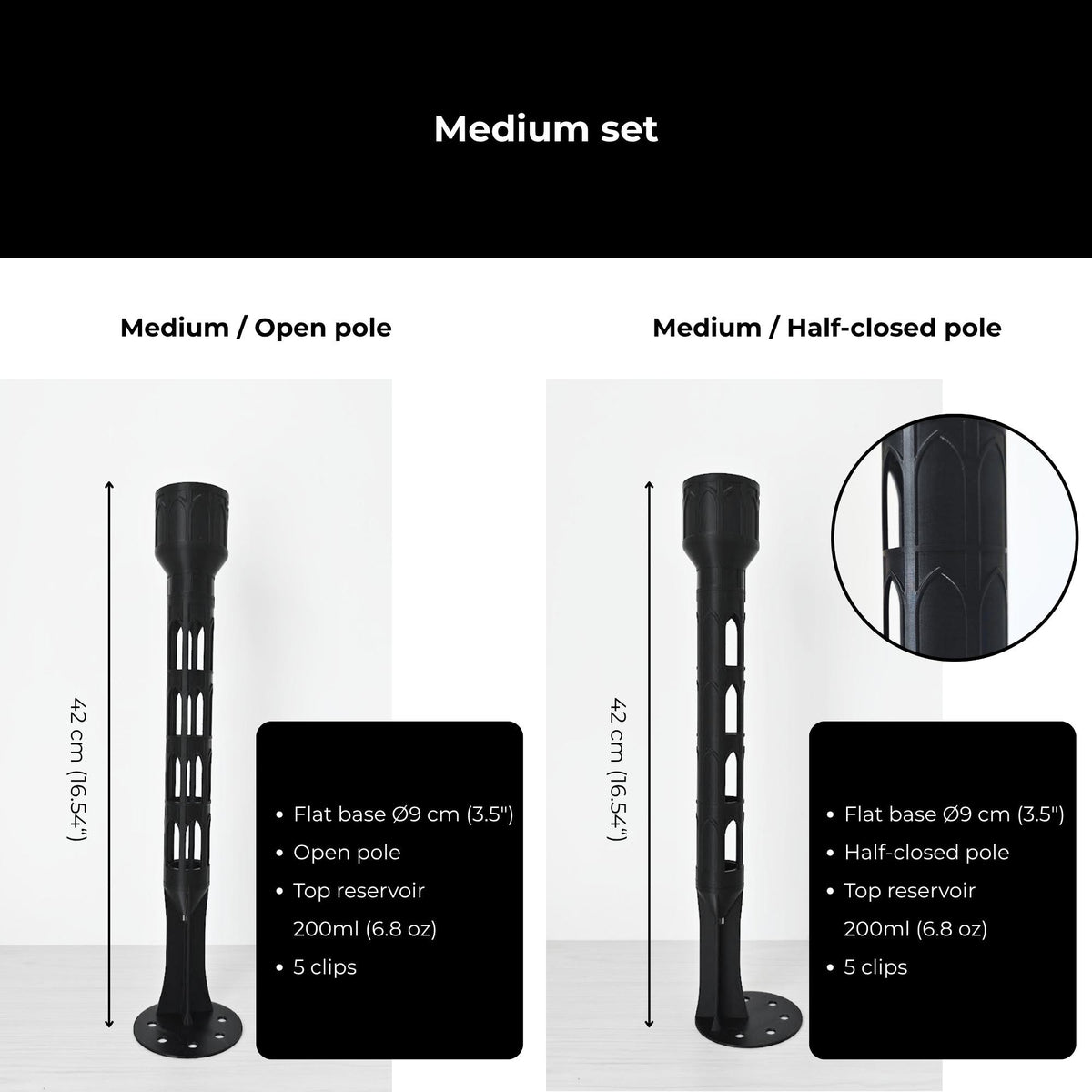 Medium moss pole sets with flat base, open or half-closed pole, watering reservoir and clips.