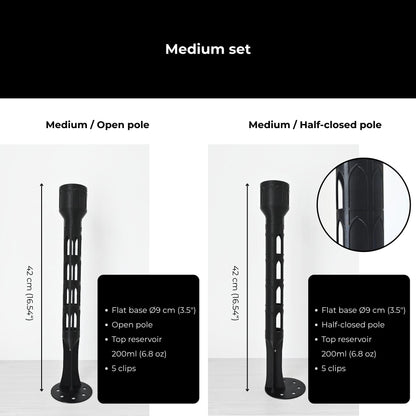 Medium moss pole sets with flat base, open or half-closed pole, watering reservoir and clips.
