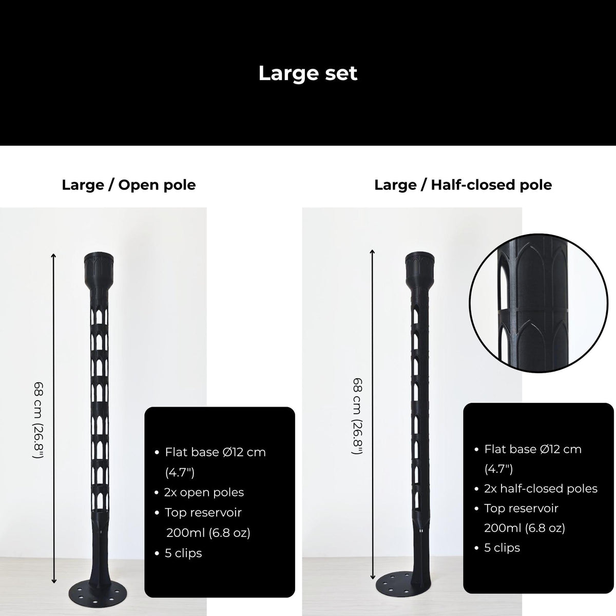 Large moss pole sets with flat base, two open or half-closed pole sections, reservoir and clips.