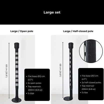 Large moss pole sets with flat base, two open or half-closed pole sections, reservoir and clips.