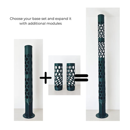 Extendable modular moss pole showing how additional open or half-closed pole segments can be added as a climbing plant grows.