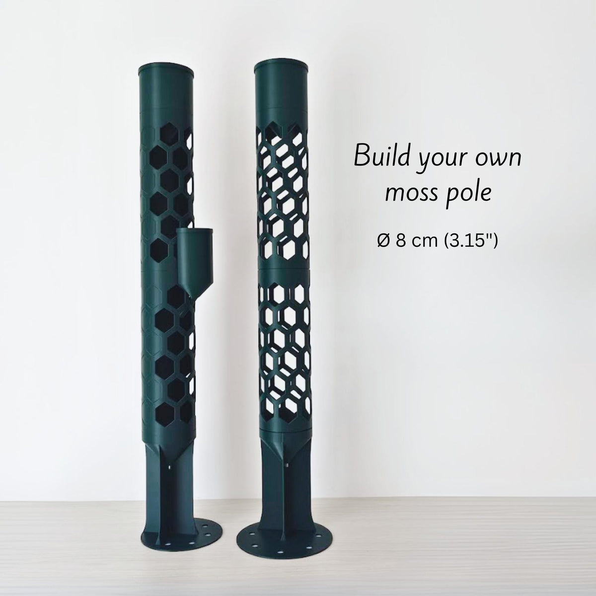 Modular 8 cm moss pole system for climbing plants, shown with open and half-closed honeycomb pole designs, flat base and side watering reservoir.