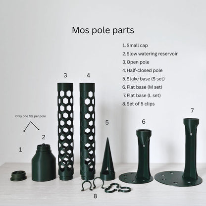 Individual 4 cm moss pole parts, including caps, reservoirs, pole sections, bases and plant clips.