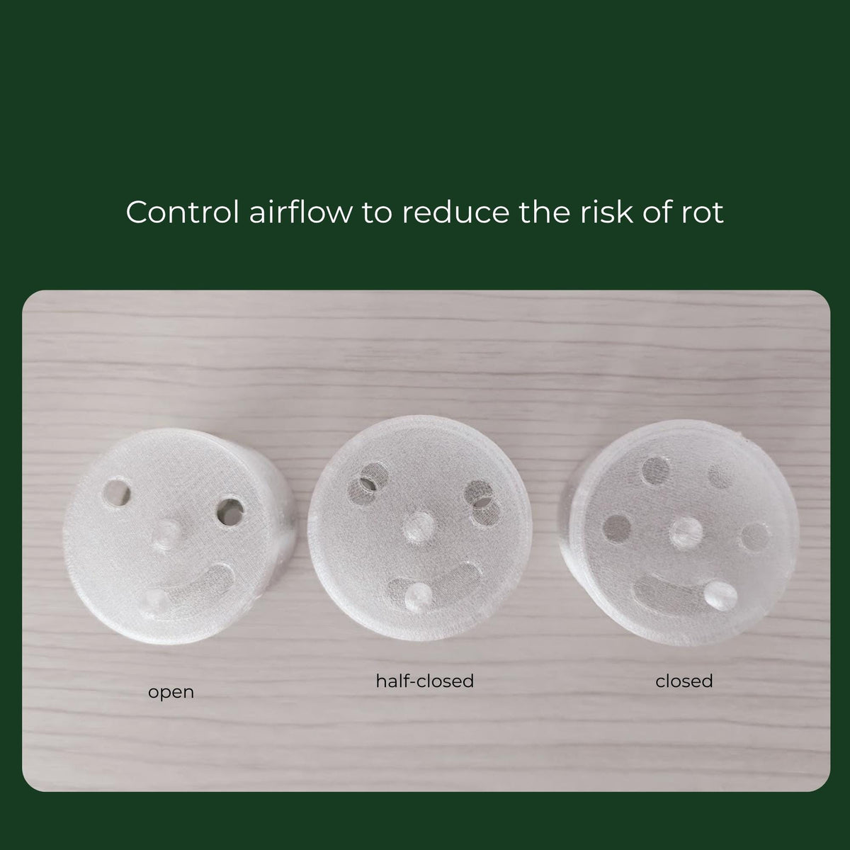 Adjustable ventilation lids shown in open, partially open and closed positions to help control airflow and humidity.