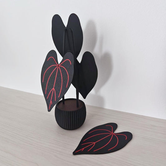 Anthurium Queen of Hearts leaf coaster plant shown from the side with one removable coasters placed on the table.