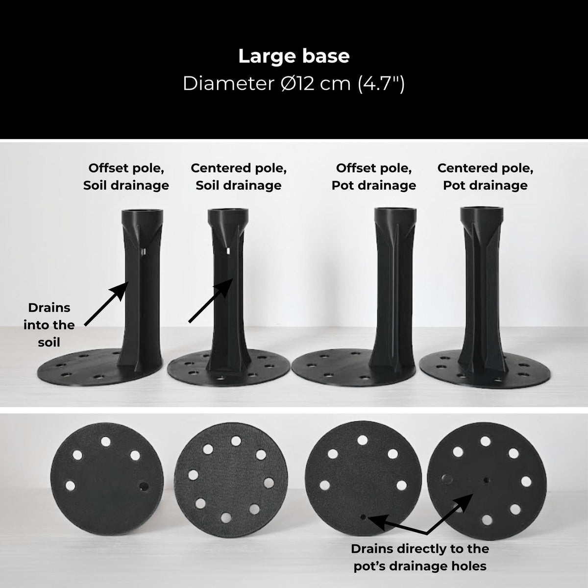 Large flat base options with centered or offset pole and soil or bottom drainage.