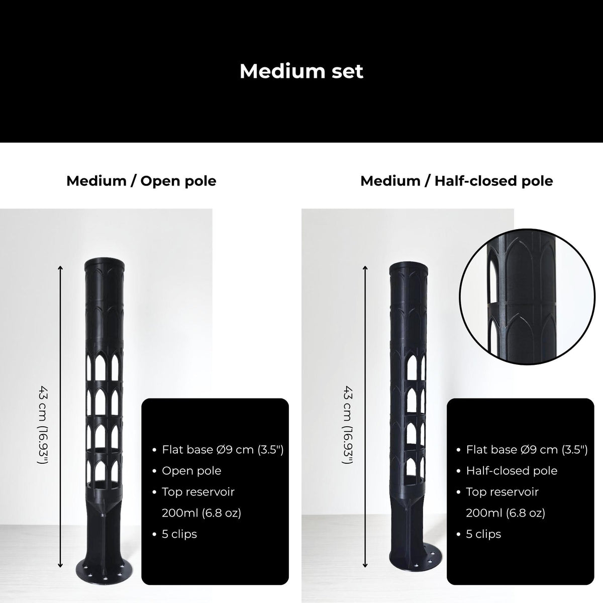 Medium moss pole sets with open or half-closed sections, 9 cm flat base, top watering reservoir and five plant clips.