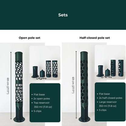 Open and half-closed 8 cm moss pole sets with two pole segments, flat base, 350 ml top watering reservoir and plant clips.