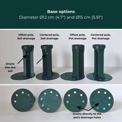 Flat base options for 8 cm moss poles, including 12 cm and 15 cm bases with centered or offset placement and soil or pot drainage.