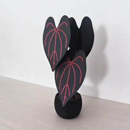 Four-piece Anthurium Queen of Hearts coaster set assembled in a black ribbed pot with red leaf vein details.