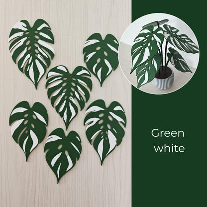 Six Monstera Devil Monster leaf coasters in green and white with assembled plant preview