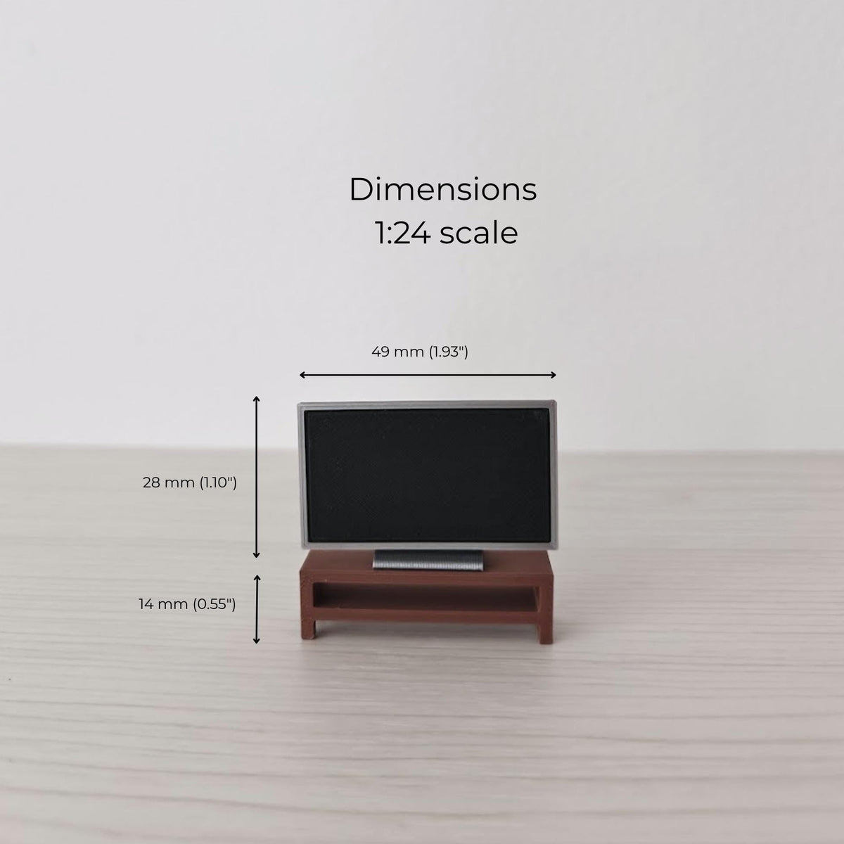 Dimensions of the 1:24 scale miniature TV and matching stand.