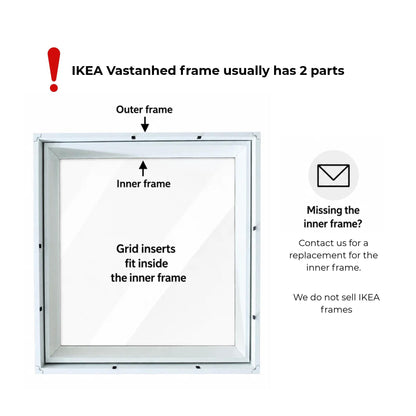 Diagram showing the outer frame, inner frame and placement of grid inserts inside an IKEA VÄSTANHED frame.