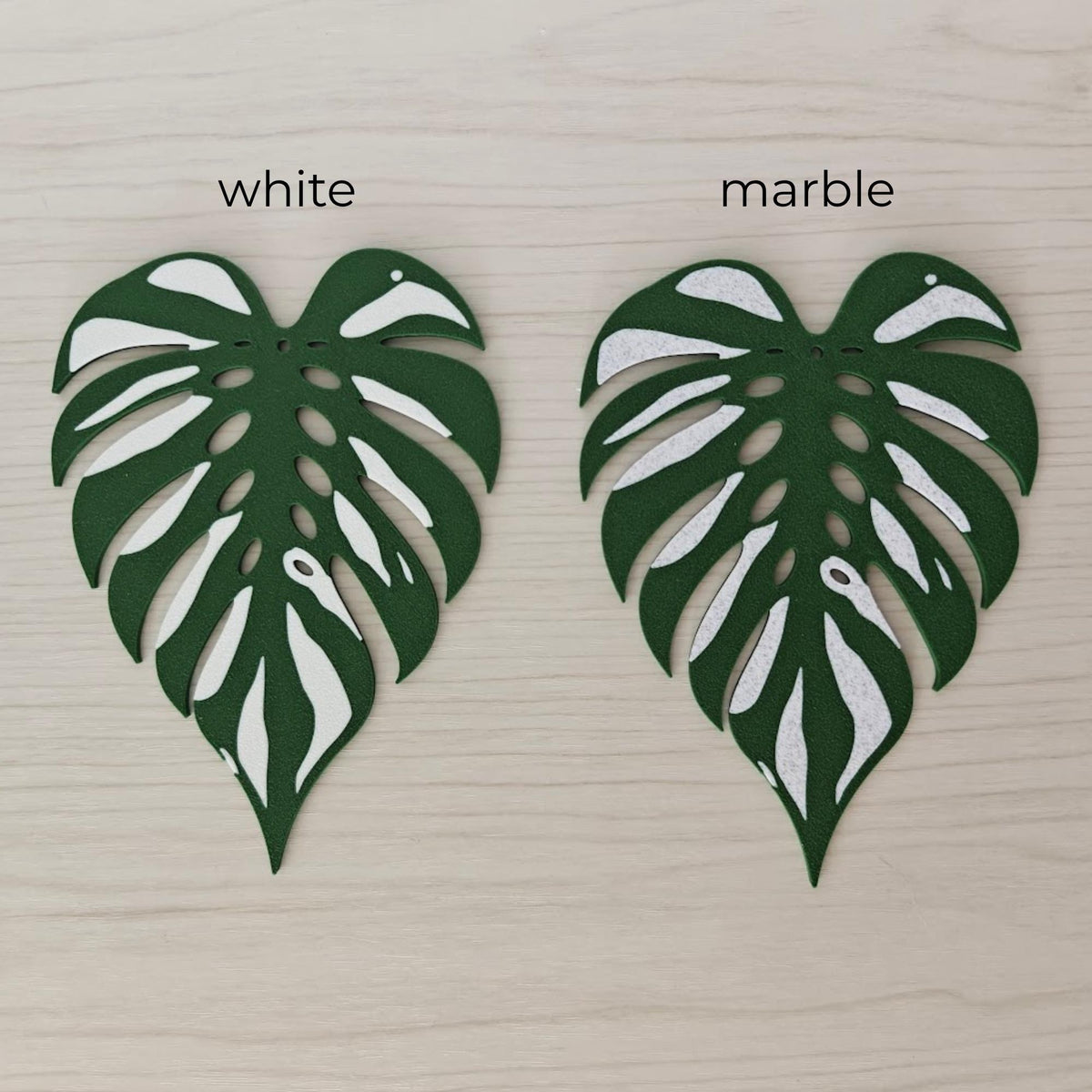 Monstera Devil Monster leaf coaster comparison showing white and marble variegation options